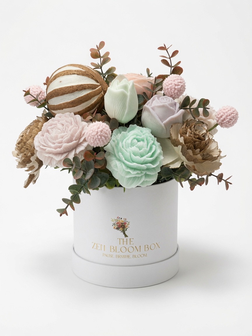 Zen Bloom Box, mint and pearl bouquet